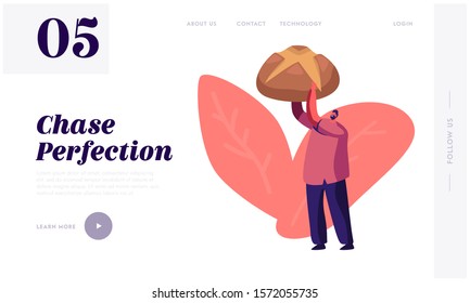 Man with Huge Sweet Bun Website Landing Page. Tiny Male Character Holding Bakery, Giant Dessert for Birthday or Tea Party Event Celebration, Breakfast Web Page Banner. Cartoon Flat Vector Illustration