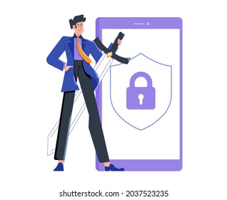 Hombre con una gran espada al lado de un smartphone. Escuche con un candado. Protección de datos en aplicaciones móviles, internet, mensajeros. Ciberseguridad en línea. Ilustración plana vectorial.