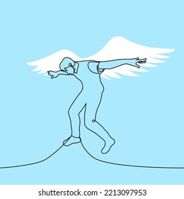 man with huge white wings is flying - one line drawing vector. concept angel or Icarus - a character of Greek myths who built wings for himself