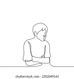 man hugged himself - one line drawing vector. concept loneliness or abdominal pain (colic)