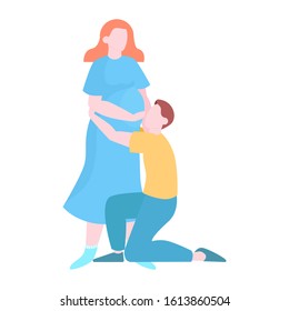 Man hugging belly of pregnant wife. Happy couple expecting baby. Pregnancy time. Isolated flat vector illustration