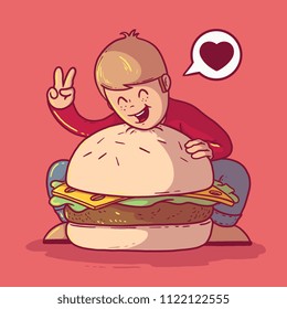 Man hugging a Big Burger vector illustration. Fast food, restaurant, love, burger, food, dinner design concept