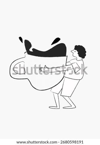 Man hugging a big cute cup of coffee, espresso love concept, isolated vector illustration in linear style