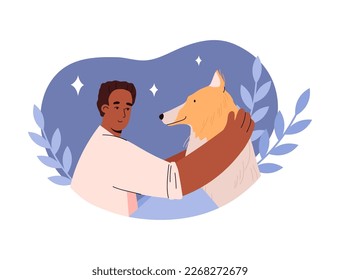 Man hugging big dog flat style, vector illustration isolated on white background. Emotional support animal, pet therapy, mental health, friendship and love