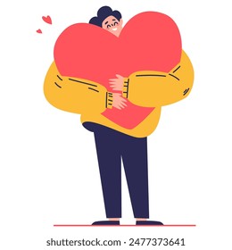 Man hugging a big heart. Self love and harmony concept. Flat vector illustration on white background 