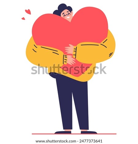 Man hugging a big heart. Self love and harmony concept. Flat vector illustration on white background 