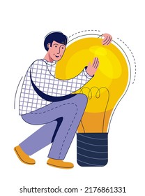 Man Hugging Big Lightbulb Idea. Big New Idea, Creativity And Innovation To Change Or Invent New Product, Solution To Solve Problem. Vector Illustration