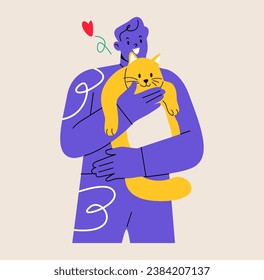 Man hugging cat. Care and love, comfort and coziness. Colorful vector illustration
