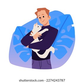 Man hugging cat, emotional support animal concept - flat vector illustration isolated on white background. Person holding cute kitty for emotional support. Therapy pet working.