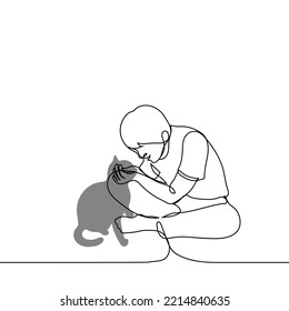 man hugging a cat sitting on the floor - one line drawing vector. concept a cat lover caresses a gray adult cat