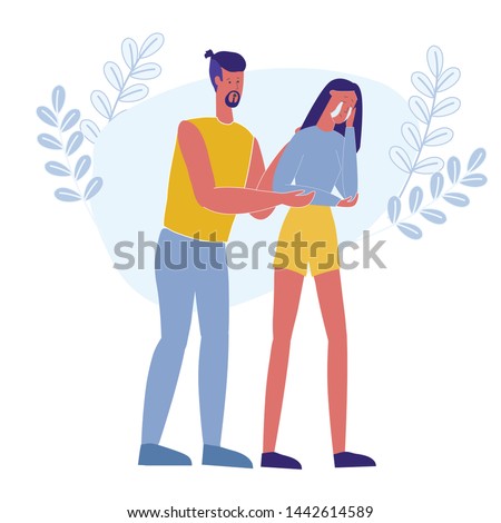 Man Hugging Crying Girl Flat Vector Illustration. Boyfriend Helping Depressed, Frustrated Girlfriend Cartoon Characters. Guy Comforting Disappointed and Upset Woman. Unhappy Frustrated Person