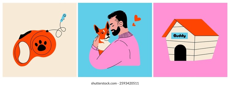 Man hugging dog. Cartoon dog supplies and pet wood house, pet shop or store concept, flat hand drawn colorful doggy icons. Vector set.