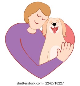 Man is hugging dog, person love dog vector. Father day. Design for hug day concept, flat vector illustration. Kid hugs and love dog in heart shape logo. Dog day greeting card. Lovely pet illustration