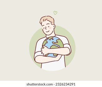 Man hugging earth planet. Concept of Saving environment, planet conservation, Earth day. Hand drawn style vector design illustrations.