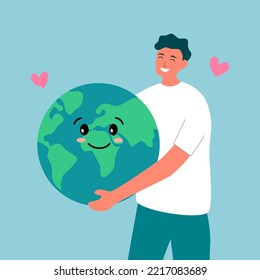 Man hugging earth planet with love in flat design. Earth day concept. Save the planet.