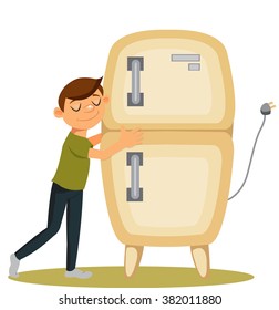 man hugging fridge