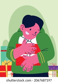 hombre abrazando una caricatura de regalo