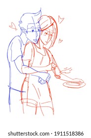 Man hugging girlfriend cooking. Happy time. Couple in love on Valentines day. Line art sketch red-blue. Vector illustration.