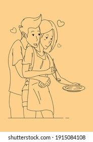 Man hugging girlfriend cooking. Happy time. Couple in love on Valentines day. Line art sketch. Vector illustration.