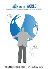 A man hugging a globe. Cover title: Man and the world. Vector