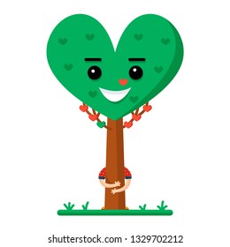 man hugging a green tree in the shape of a heart on white background
