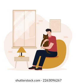 Man hugging her pet cat. illustration for website, landing page, mobile app, poster and banner. Trendy flat vector illustration