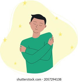 Man Hugging Himself With Hearts On Background. Love Yourself Concept. Take Time For Your Self. Vector Illustration.