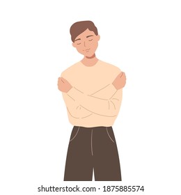 Man hugging himself with his hands and smiling. Young guy embraces himself with natural joyful expression on his face. Concept of self-love and self-acceptance. Flat cartoon illustration