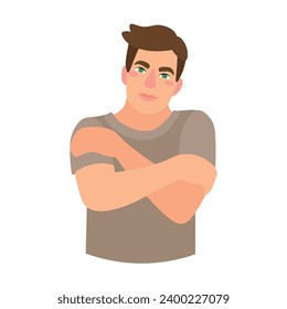 Man hugging himself on white background