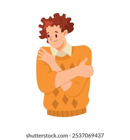 Man Hugging Himself as Self Embrace Gesture Vector Illustration