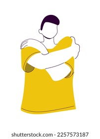 Man hugging himself. Self love and self care concept. Faceless boy in yellow T-shirt embrace himself. Vector illustration isolated on white background. Flat modern style