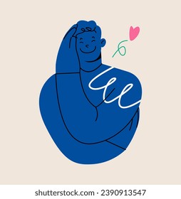 Man hugging himself. Self-Hugging. Caring for yourself, loving yourself, supporting yourself. Colorful vector illustration

