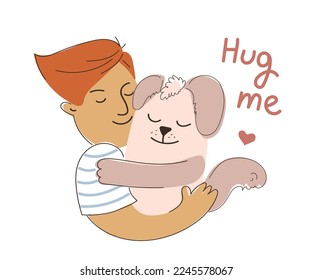 Man hugging his dog. World hugging day.  Vector illustration, character design, postcard, poster, print 