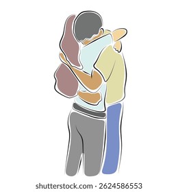 man hugging his girlfriend with long hair illustration vector hand drawn with black lines isolated on white background.