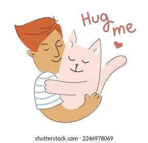 Man hugging his pet. World hugging day.  Vector illustration, character design, postcard, poster, print 