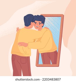 Man hugging his reflection. Psychology, positive character smiles. Happiness, self acceptance and optimism. Poster or banner for website. Young guy and mirror. Cartoon flat vector illustration