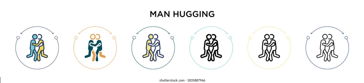Man hugging icon in filled, thin line, outline and stroke style. Vector illustration of two colored and black man hugging vector icons designs can be used for mobile, ui, web