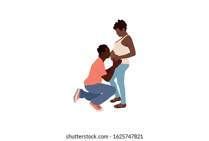 Man hugging and kissing belly of pregnant wife. Happy couple expecting baby. Pregnancy time. Isolated flat vector illustration