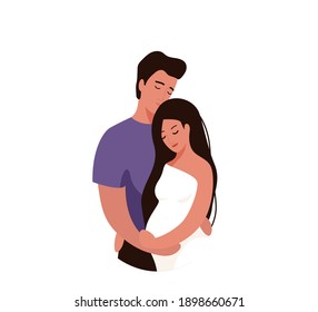 Man hugging and kissing pregnant woman. Happy family couple vector illustration. Husband and wife concept. Isolated on white background.