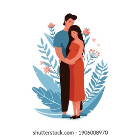 Man hugging and kissing pregnant woman. Happy family couple vector illustration. Husband and wife concept with floral elements. Isolated on white background.