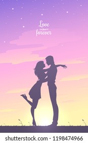 Man hugging and kissing woman. Couple in love spending time together outdoors. Bright blurry sky background. Vector illustration.