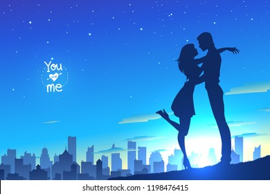 Man hugging and kissing woman. Couple in love spending time together in front of city skyline. Bright blurry sky background. Vector illustration.