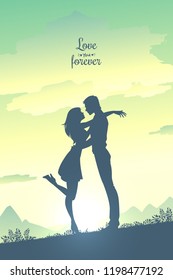 Man hugging and kissing woman. Couple in love spending time together outdoors. Bright blurry sky background. Vector illustration.