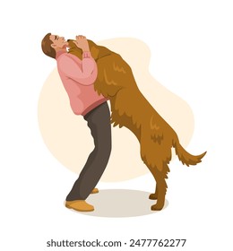 Man hugging large brown dog, vector illustration, on white background. Concept of friendship. Vector illustration