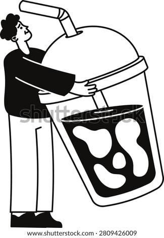 Man hugging an oversized takeaway cup with lid and straw, showing dripping liquid shapes in a bold doodle style. Exaggeration conveys craving, indulgence, thirst, humor. Cartoon vector illustration.