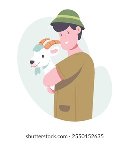 A man hugging pet goat, a flat style illustration 
