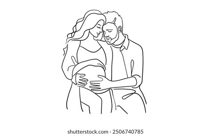 Man hugging pregnant girl continuous line art drawing isolated on white background. Pregancy woman. Vector illustration