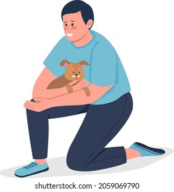 Man Hugging Puppy Semi Flat Color Vector Character. Sitting Figure. Full Body Person On White. Pet Adoption Isolated Modern Cartoon Style Illustration For Graphic Design And Animation