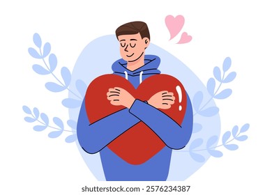 A man hugging a red heart showing self-love and self-care.