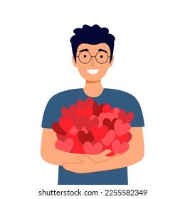 Man hugging red hearts with love in flat design on white background.